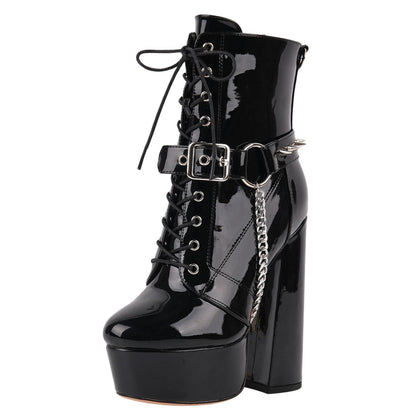 Platform Rivet Buckle Metal Chain Lace-up Ankle Boots | Onlymaker Value