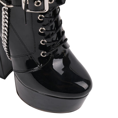 Platform Rivet Buckle Metal Chain Lace-up Ankle Boots | Onlymaker Value