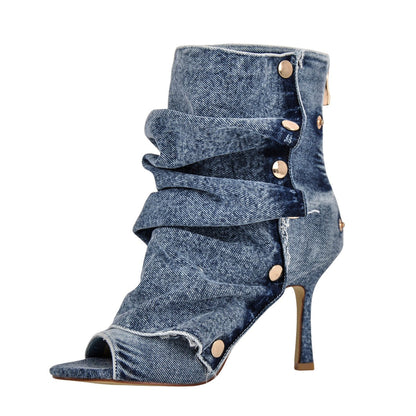 Open Toe Denim Removable Ankle Boots | Onlymaker Special Offer