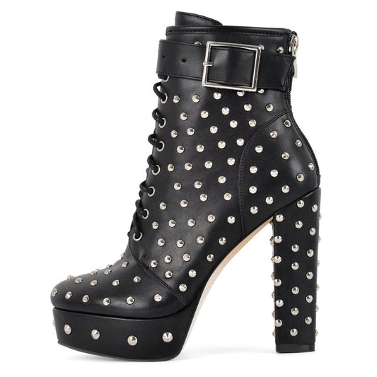 Rivet Platform Buckle Lace-up Ankle Boots | Onlymaker Best Seller