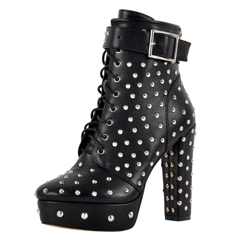 Rivet Platform Buckle Lace-up Ankle Boots | Onlymaker Best Seller