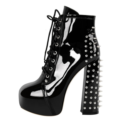 Rivet Platform Lace-up Chunky Heel Ankle Boots | Onlymaker Customer Favorite