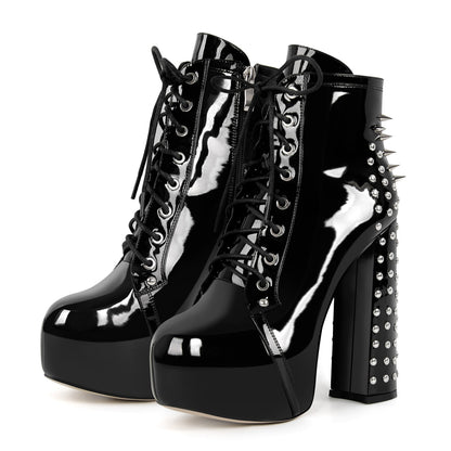 Rivet Platform Lace-up Chunky Heel Ankle Boots | Onlymaker Customer Favorite