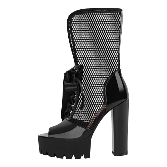Peep Toe Mesh Platform Lace-up Boots Sandals | Onlymaker Customer Favorite