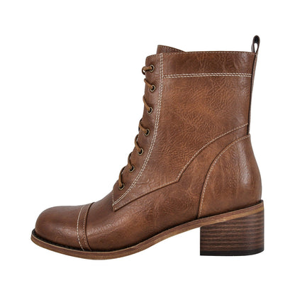 Square Toe Lace-up Chunky Heel Ankle Boots | Onlymaker Popular