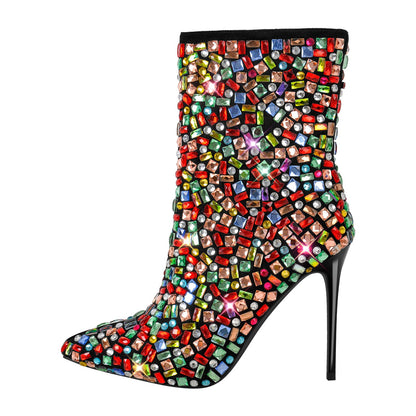 Pointed Toe Colorful Rhinestones Ankle Boots | Onlymaker Premium