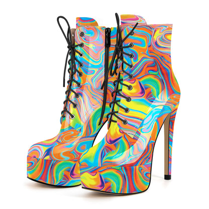 Platform Lace-up Stiletto Printed Ankle Boots | Onlymaker Discount
