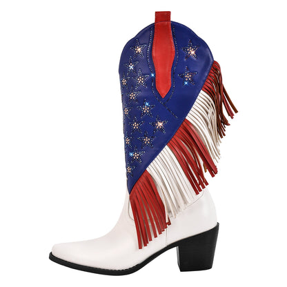 Rhinestone Star Fringe Knee High Western Boots | Onlymaker Quality