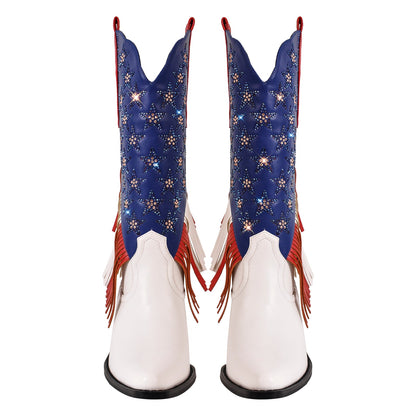 Rhinestone Star Fringe Knee High Western Boots | Onlymaker Quality