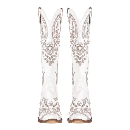 Embroidery Rhinestone Chunky Heel Knee High Boots | Onlymaker Sale