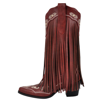 Pointed Toe Fringe Embroidery Knee High Western Boots | Onlymaker Everyday