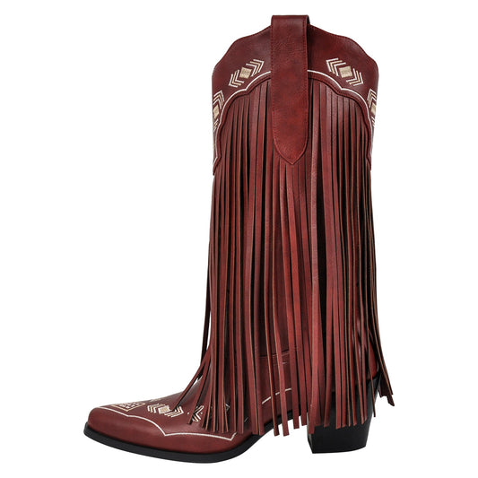 Pointed Toe Fringe Embroidery Knee High Western Boots | Onlymaker Everyday