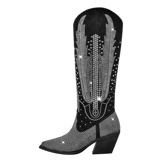 Rhinestone Zipper Black Western Boots | Onlymaker Great Value