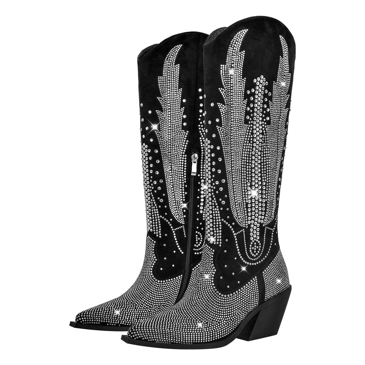 Rhinestone Zipper Black Western Boots | Onlymaker Great Value
