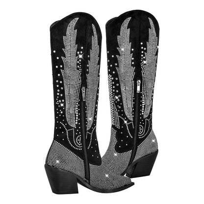 Rhinestone Zipper Black Western Boots | Onlymaker Great Value