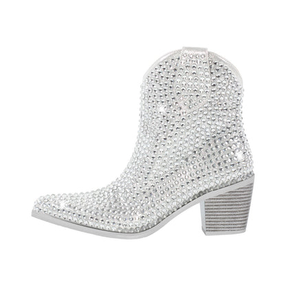 Rhinestone Pointed Toe Chunky Heel Ankle Boots | Onlymaker Customer Favorite