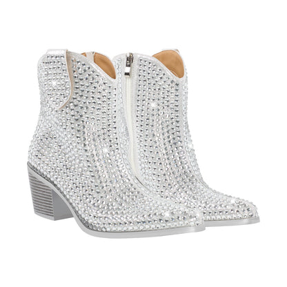 Rhinestone Pointed Toe Chunky Heel Ankle Boots | Onlymaker Customer Favorite