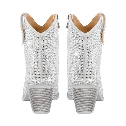 Rhinestone Pointed Toe Chunky Heel Ankle Boots | Onlymaker Customer Favorite
