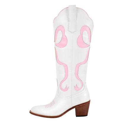 White Pointed Toe Pink Bow Knee High Western Boots | Onlymaker Top Pick