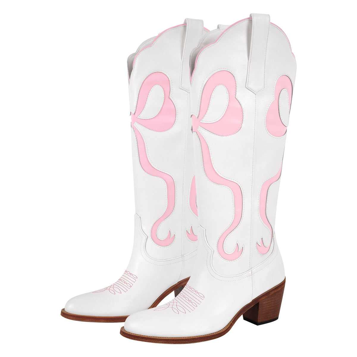 White Pointed Toe Pink Bow Knee High Western Boots | Onlymaker Top Pick