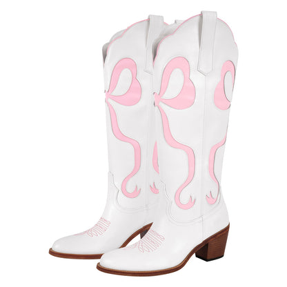 White Pointed Toe Pink Bow Knee High Western Boots | Onlymaker Top Pick
