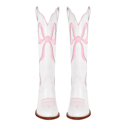 White Pointed Toe Pink Bow Knee High Western Boots | Onlymaker Top Pick
