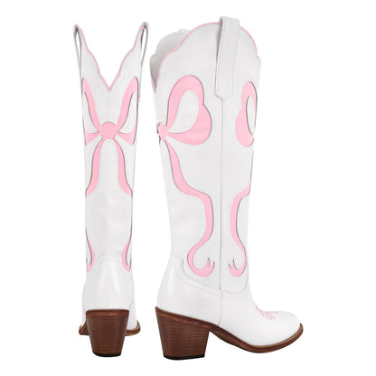 White Pointed Toe Pink Bow Knee High Western Boots | Onlymaker Top Pick