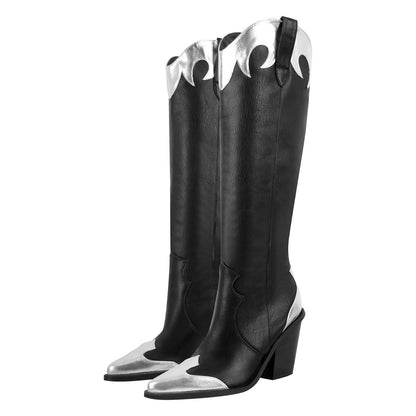 Pointed Toe Metallic Leather Trim Knee High Western Boots | Onlymaker Signature