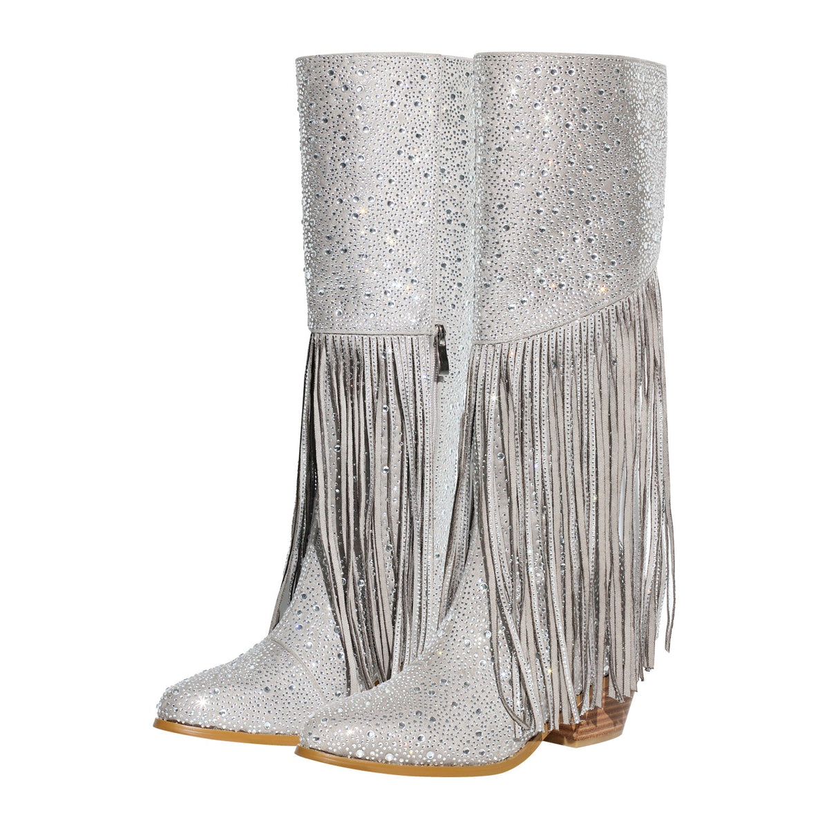 Chunky Heel Rhinestone Tassel Knee High Boots | Onlymaker Classic