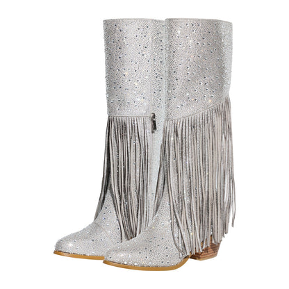 Chunky Heel Rhinestone Tassel Knee High Boots | Onlymaker Classic