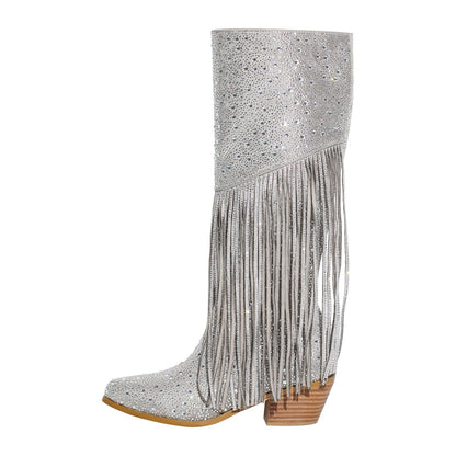 Chunky Heel Rhinestone Tassel Knee High Boots | Onlymaker Classic