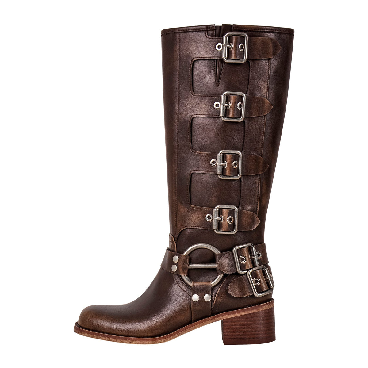 Round Toe Chunky Heel Buckle Strap Western Knee-High Boots | Onlymaker Signature