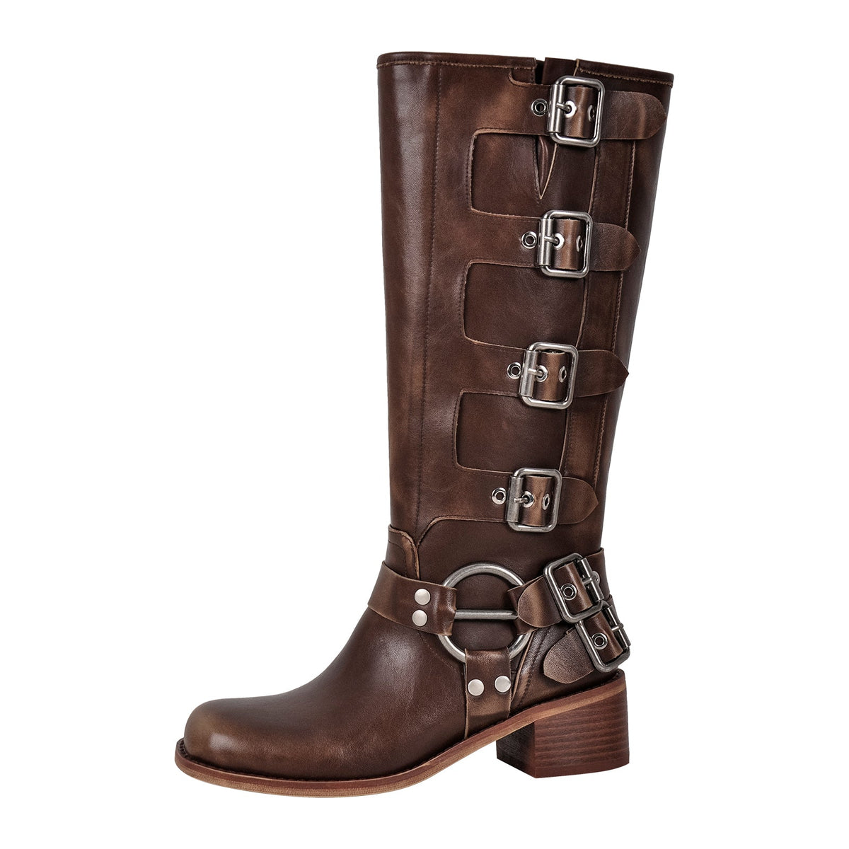 Round Toe Chunky Heel Buckle Strap Western Knee-High Boots | Onlymaker Signature