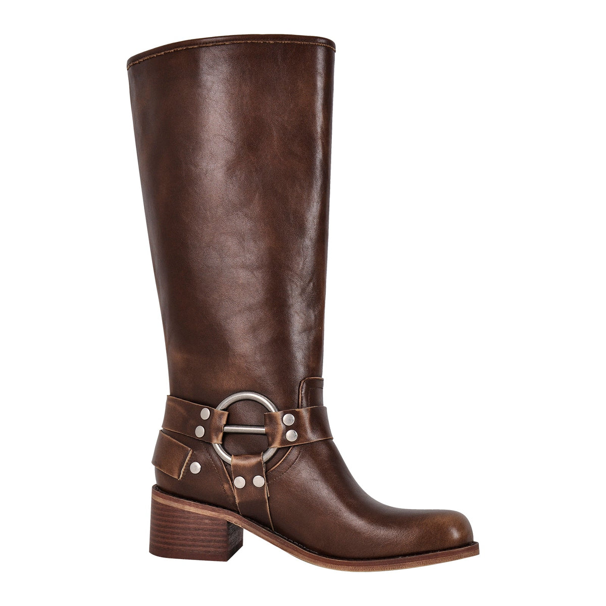 Round Toe Chunky Heel Buckle Strap Western Knee-High Boots | Onlymaker Signature