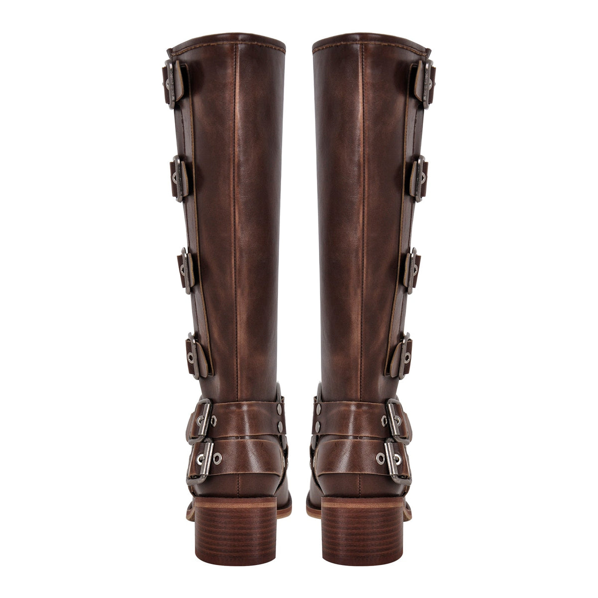 Round Toe Chunky Heel Buckle Strap Western Knee-High Boots | Onlymaker Signature
