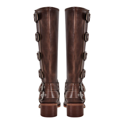 Round Toe Chunky Heel Buckle Strap Western Knee-High Boots | Onlymaker Signature