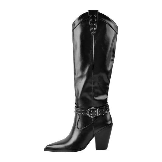 Black Pointed Toe Rivet Belt Cowboy Zipper Boots | Onlymaker Customer Favorite