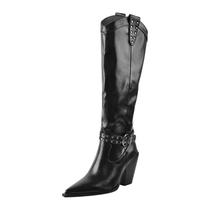 Black Pointed Toe Rivet Belt Cowboy Zipper Boots | Onlymaker Customer Favorite