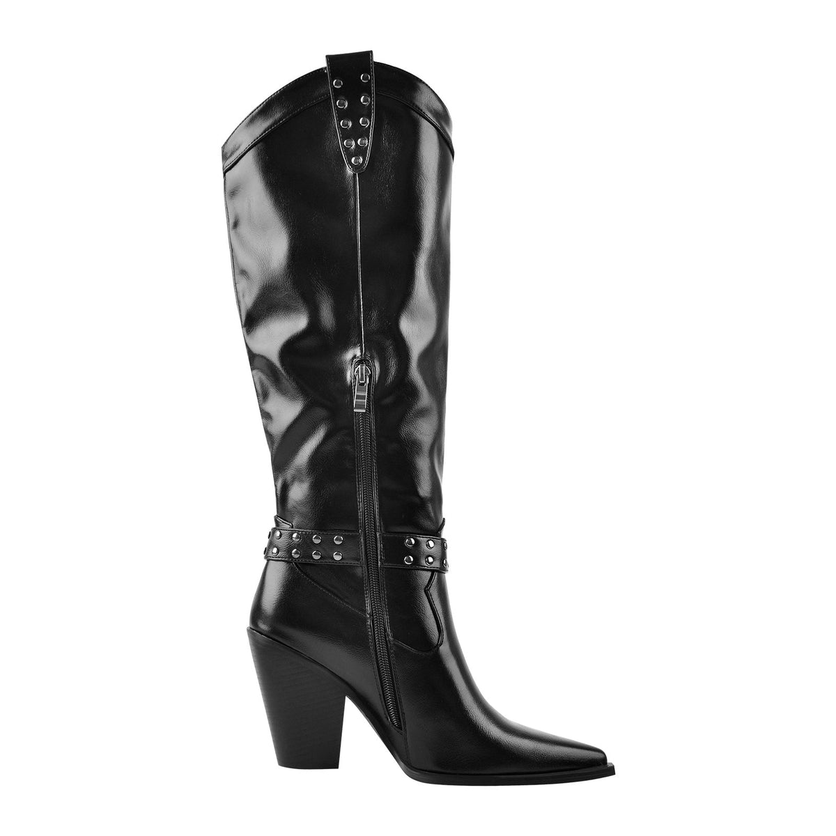 Black Pointed Toe Rivet Belt Cowboy Zipper Boots | Onlymaker Customer Favorite