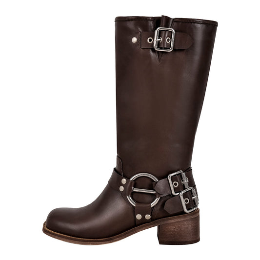 Square Toe Buckle Knee High Western Boots | Onlymaker Signature