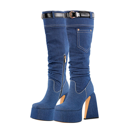 Denim Square Toe Chunky Heel Platform Boots | Onlymaker Smart Buy