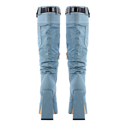 Denim Square Toe Chunky Heel Platform Boots | Onlymaker Smart Buy