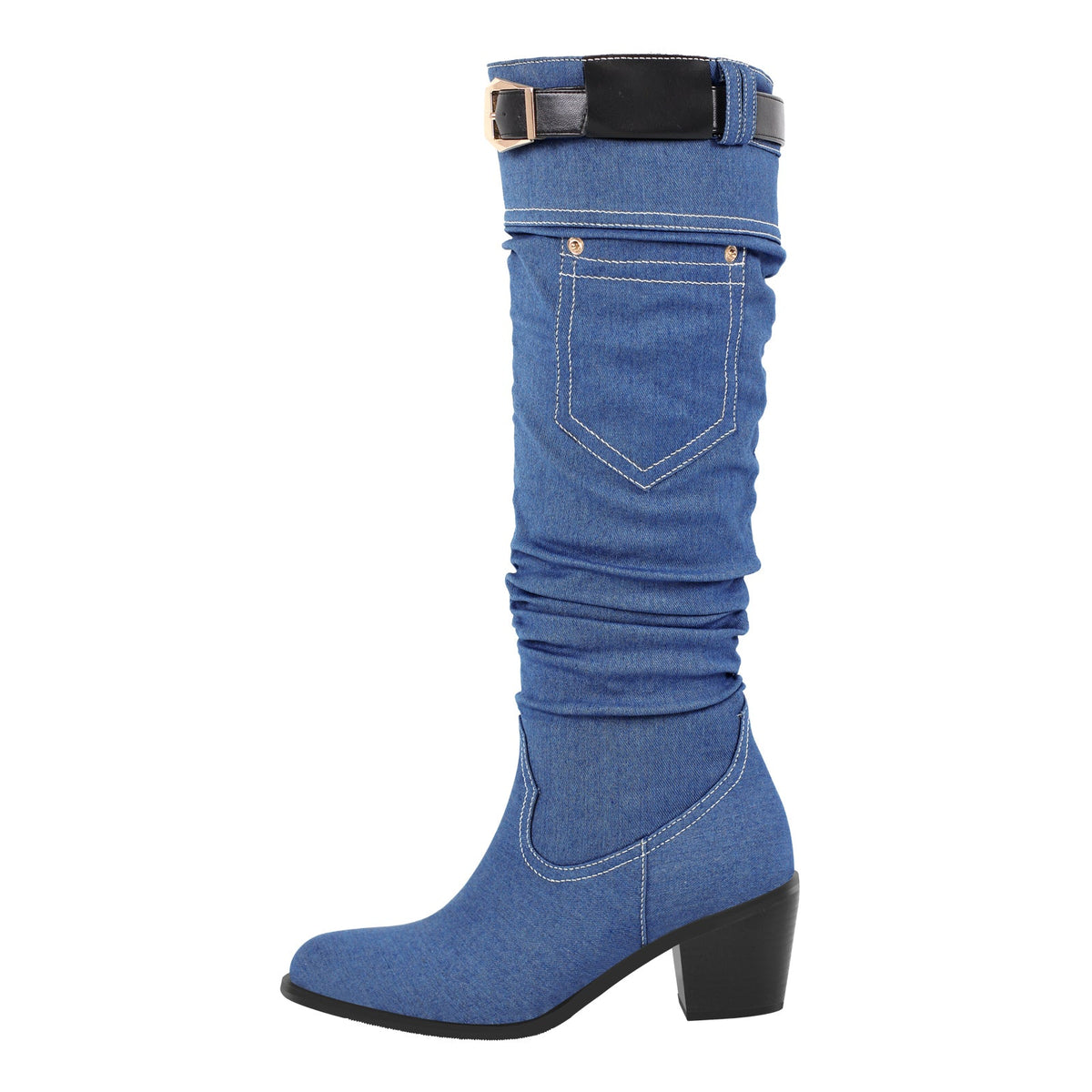 Denim Round Toe Chunky Heel Thigh Boots | Onlymaker Featured