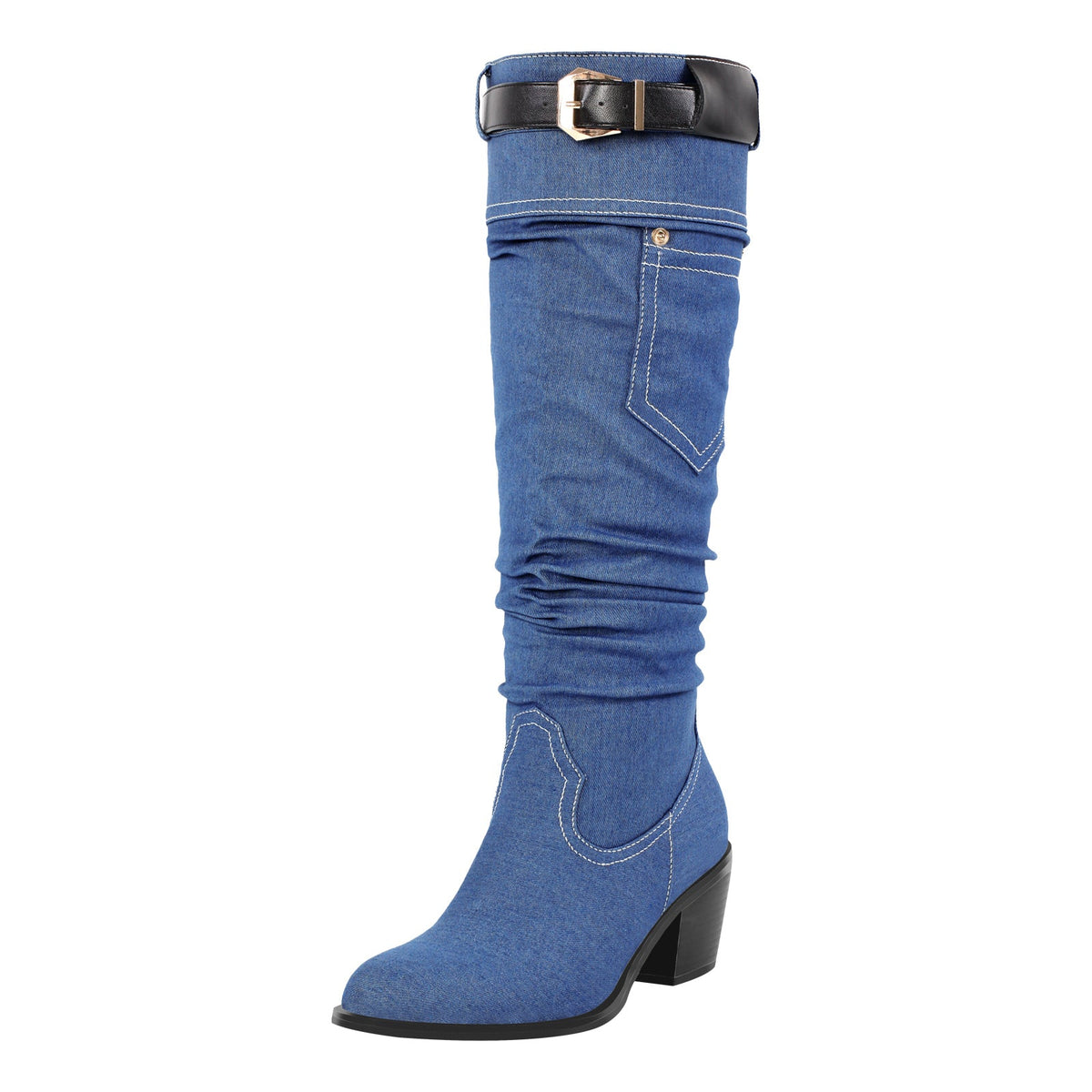 Denim Round Toe Chunky Heel Thigh Boots | Onlymaker Featured
