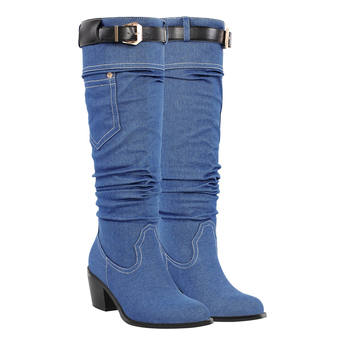 Denim Round Toe Chunky Heel Thigh Boots | Onlymaker Featured