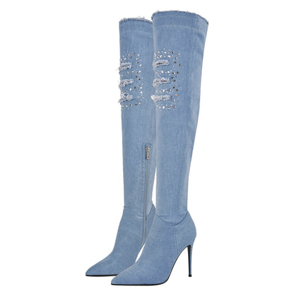 Denim Pointed Toe High Stiletto Over The Knee Boots | Onlymaker Recommended