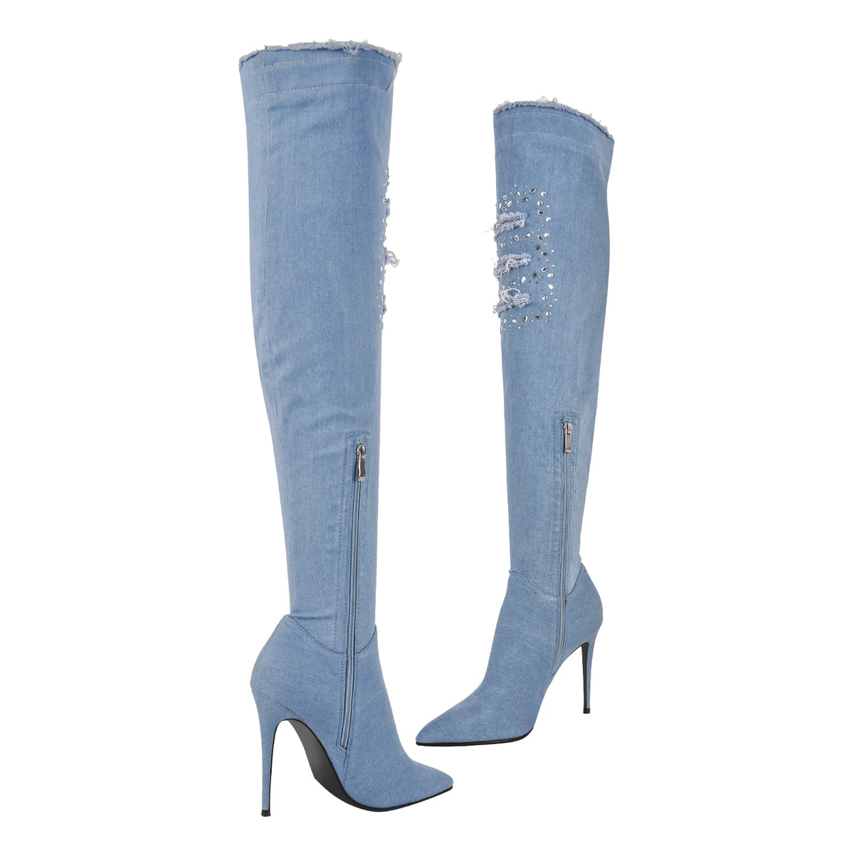Denim Pointed Toe High Stiletto Over The Knee Boots | Onlymaker Recommended
