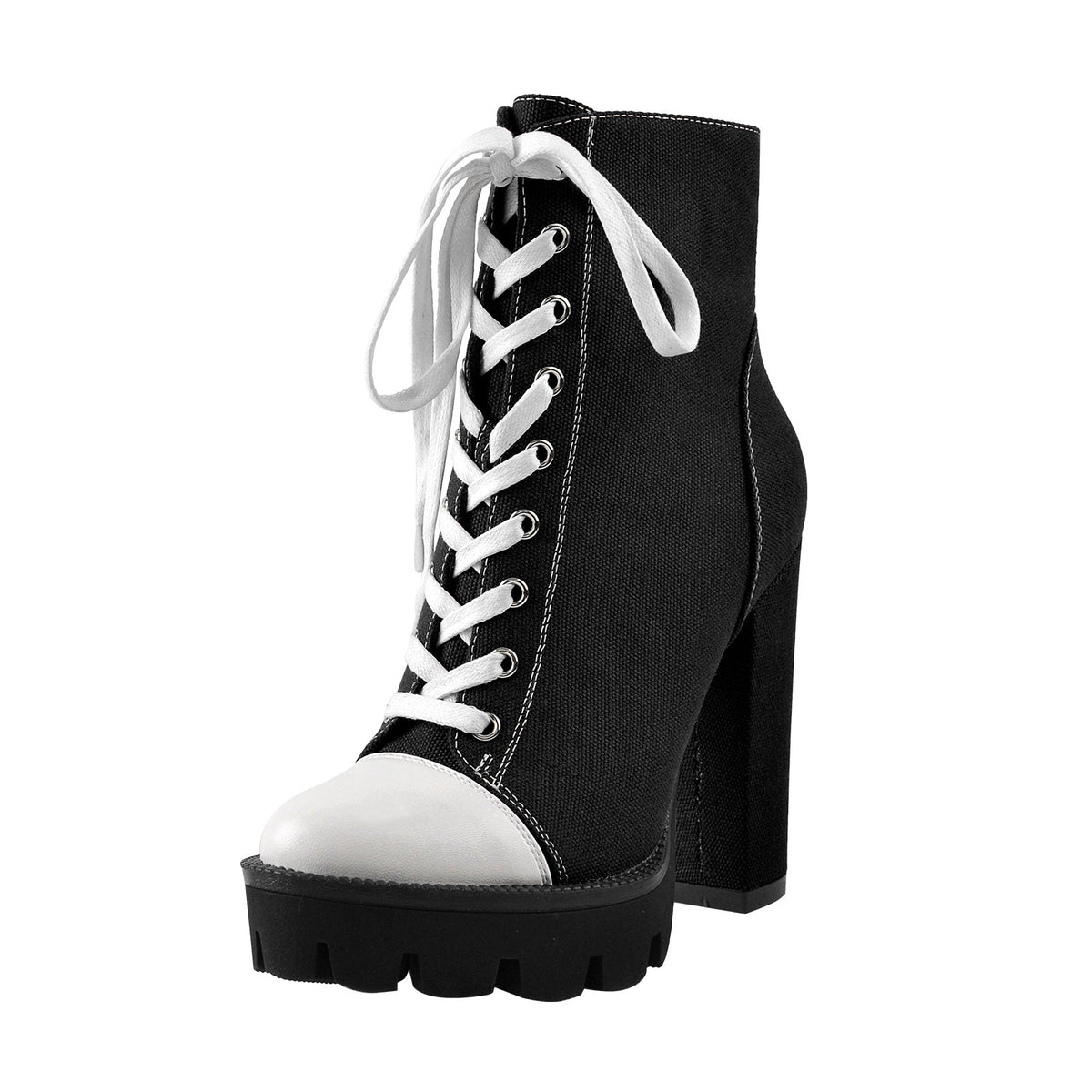 Platform Lace Up Canvas Chunky Heel Boots | Onlymaker Trending