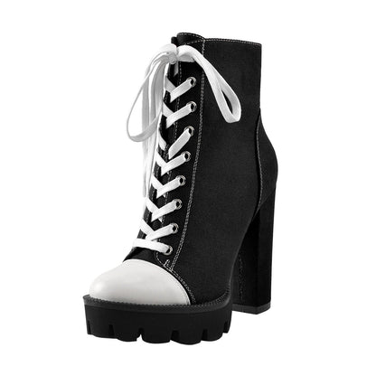 Platform Lace Up Canvas Chunky Heel Boots | Onlymaker Trending