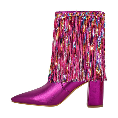 Sequins Pointed Toe Chunky Heel Ankle Boots | Onlymaker New